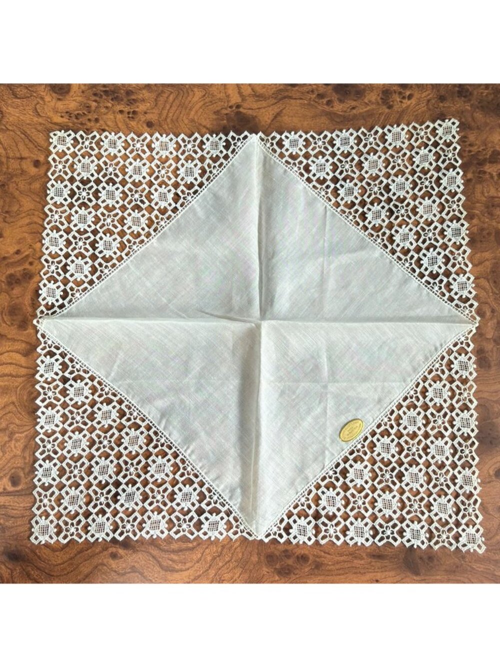 Vtg Austrian Linen Wedding Handkerchief Intricate Ivory Cotton Lace Embroidery - Picture 3 of 7